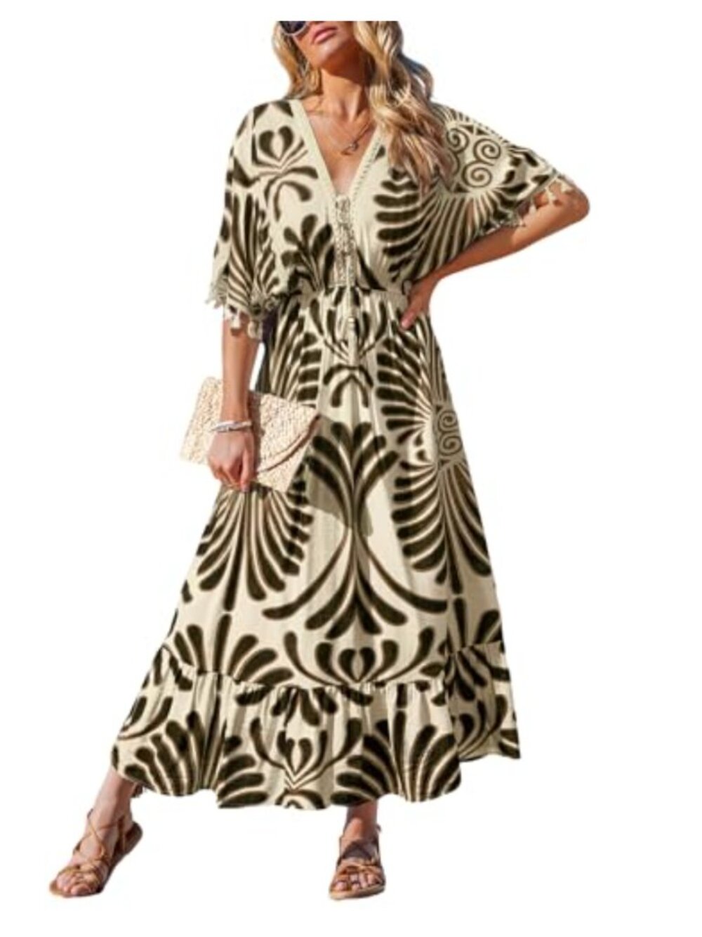 CUPSHE Women's Boho Ruffle Maxi Dress V-Neck Tassel Tie Beach Vacation